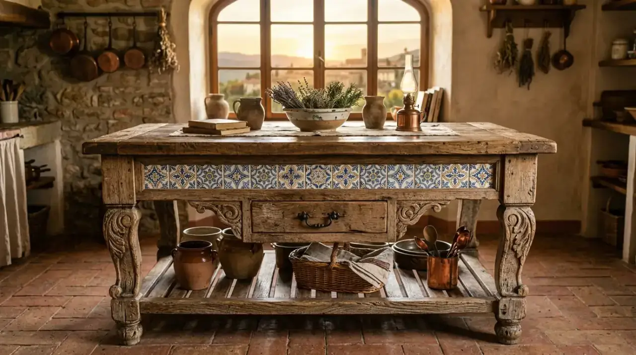 Freestanding antique kitchen island. Furniture-inspired centerpiece lightening the look of the kitchen.