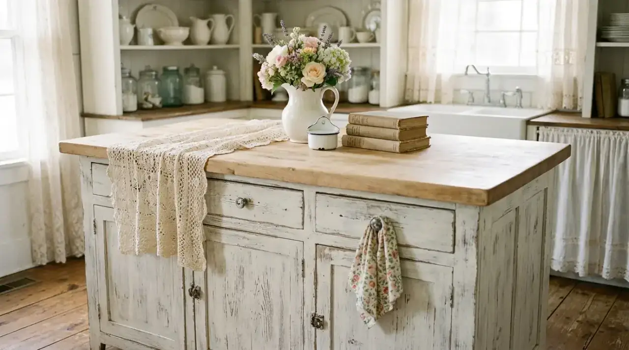 Styled antique kitchen island. Gentle top styling complementing a vintage island focal point.