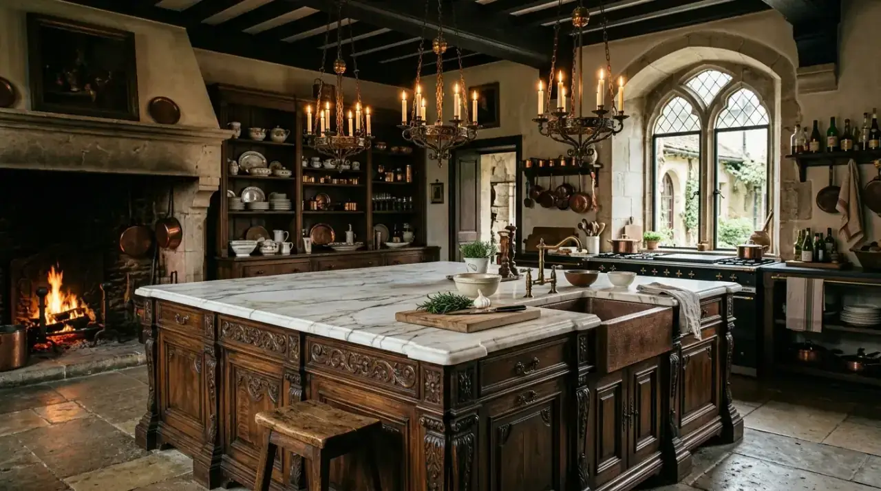 Functional antique kitchen island. Vintage centerpiece balancing beauty with everyday kitchen usefulness.