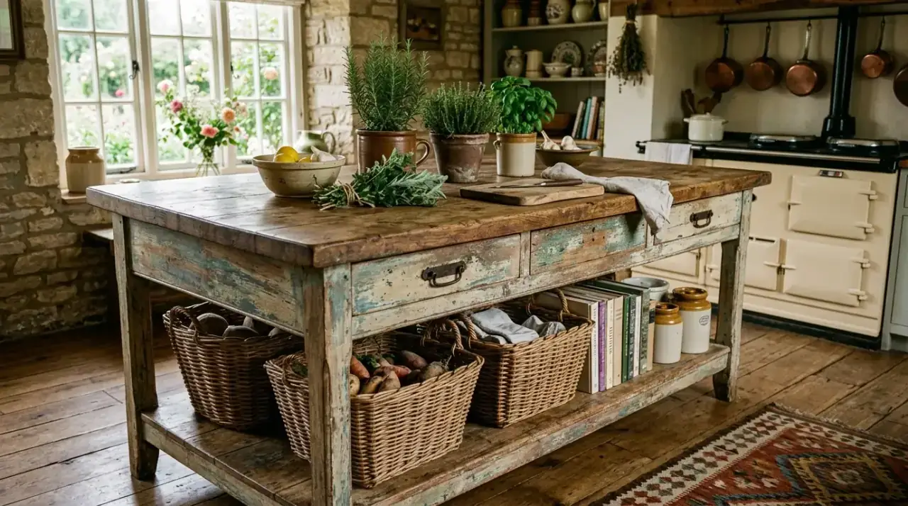 Antique kitchen island overview. Vintage island bringing warmth, history, and focal-point charm to the kitchen.
