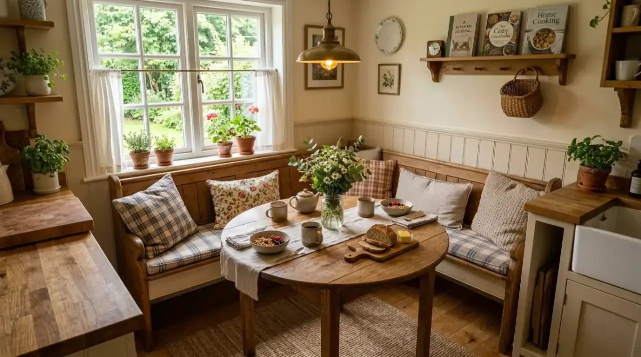Charming kitchen nook creating a cozy corner for breakfast, coffee, and relaxed gathering.