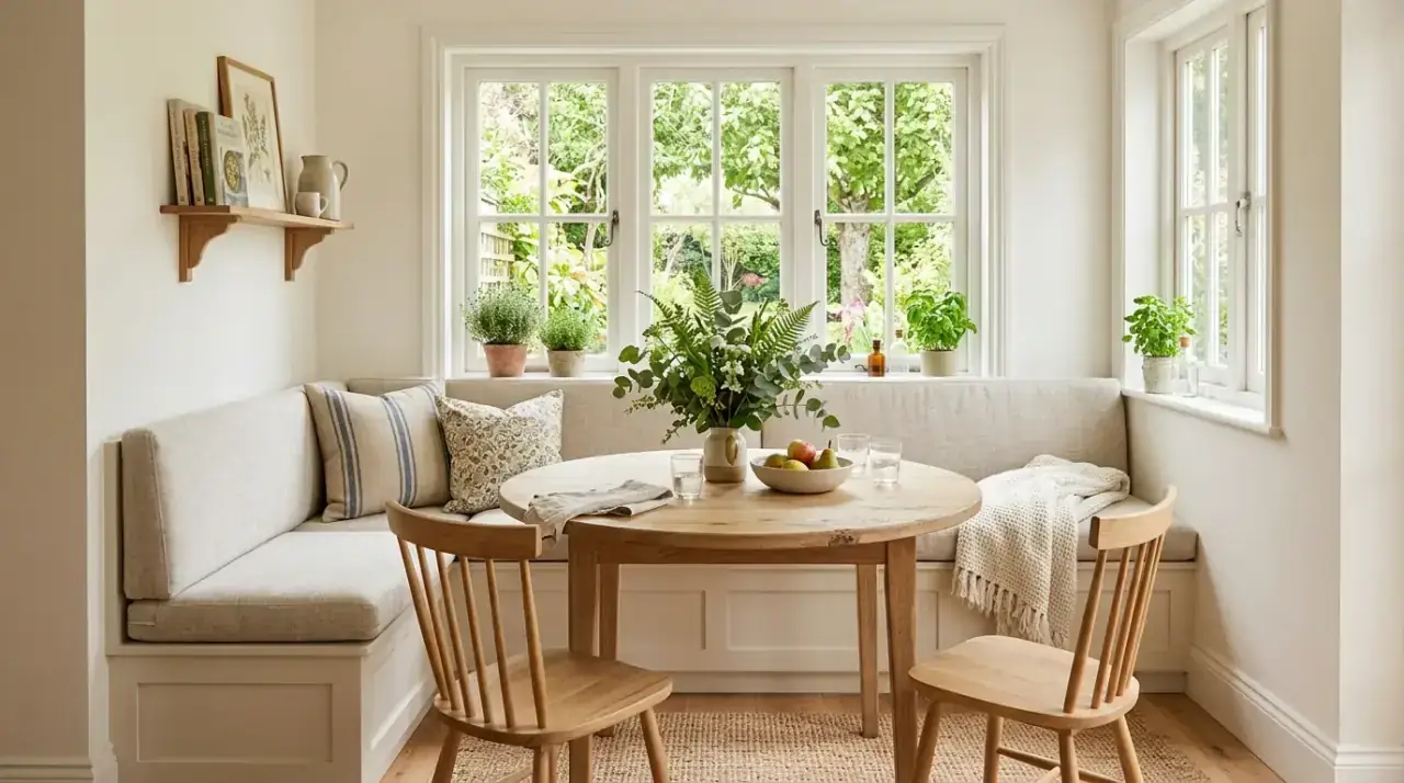 Round table kitchen nook. Beautiful kitchen nook with a round table in a cozy corner.