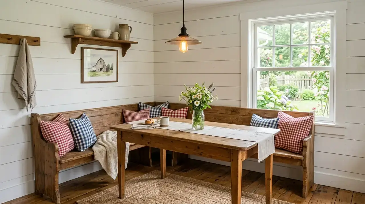 Upholstered kitchen nook. Cozy kitchen nook with cushions and soft upholstered seating.