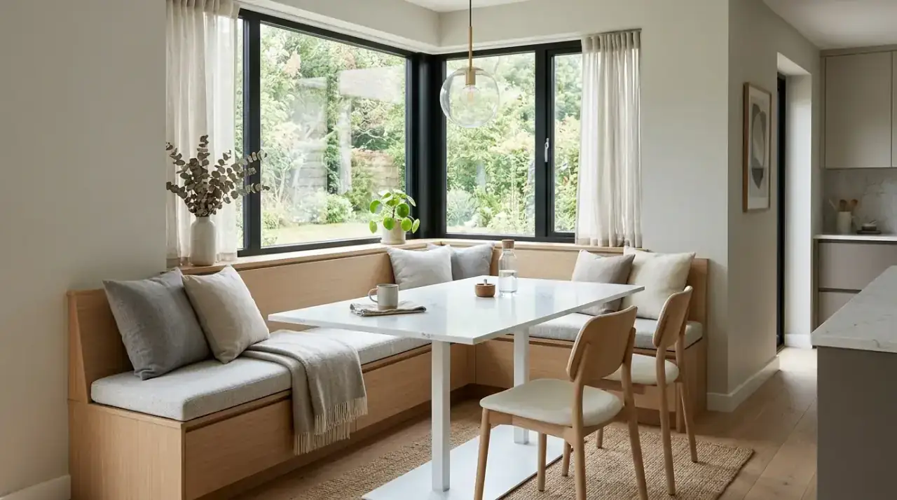Kitchen nook pendant light. Beautiful kitchen nook defined by its own hanging light fixture.