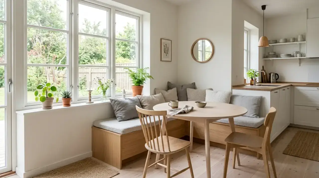 Wallpaper in kitchen nook. Charming kitchen nook highlighted with wallpaper or a painted accent wall.