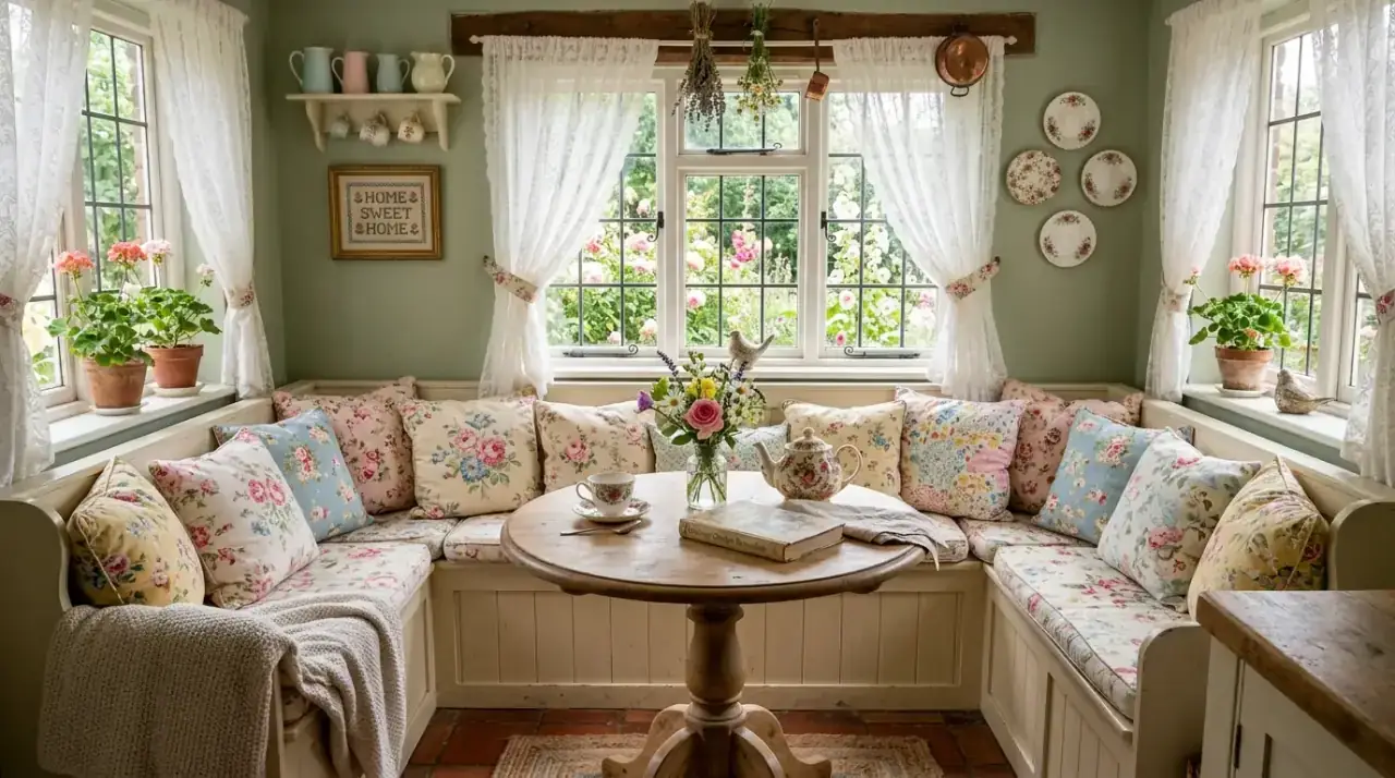 Window side kitchen nook. Cozy kitchen nook placed beside a bright and charming window.