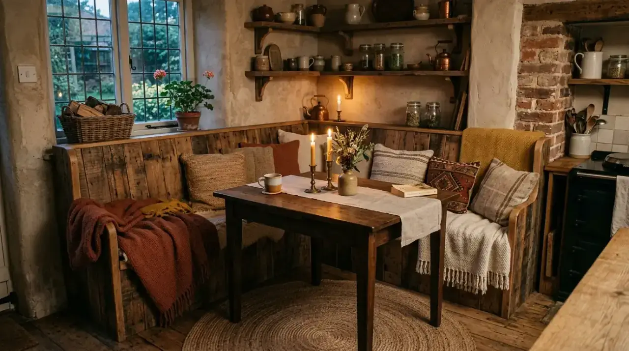 Shelves by kitchen nook. Cozy kitchen nook styled with nearby shelves for extra character.