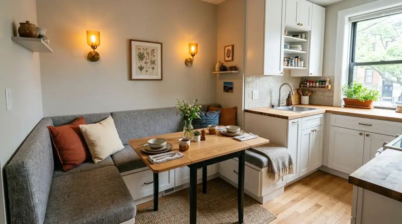 Rug under kitchen nook. Charming kitchen nook visually anchored by a soft rug.