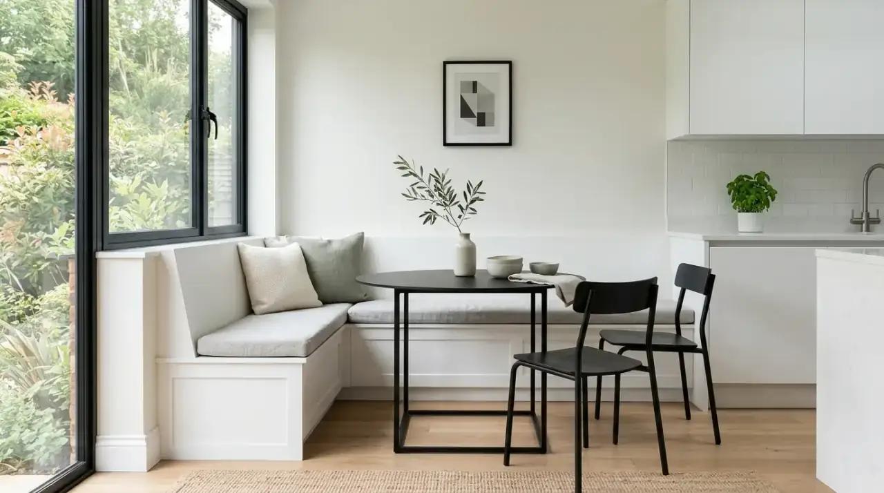 Styled kitchen nook table. Beautiful kitchen nook styled with simple everyday objects.