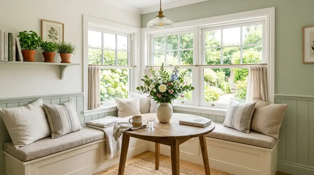 Coordinated kitchen nook. Charming nook that matches the kitchen while keeping its own cozy mood.