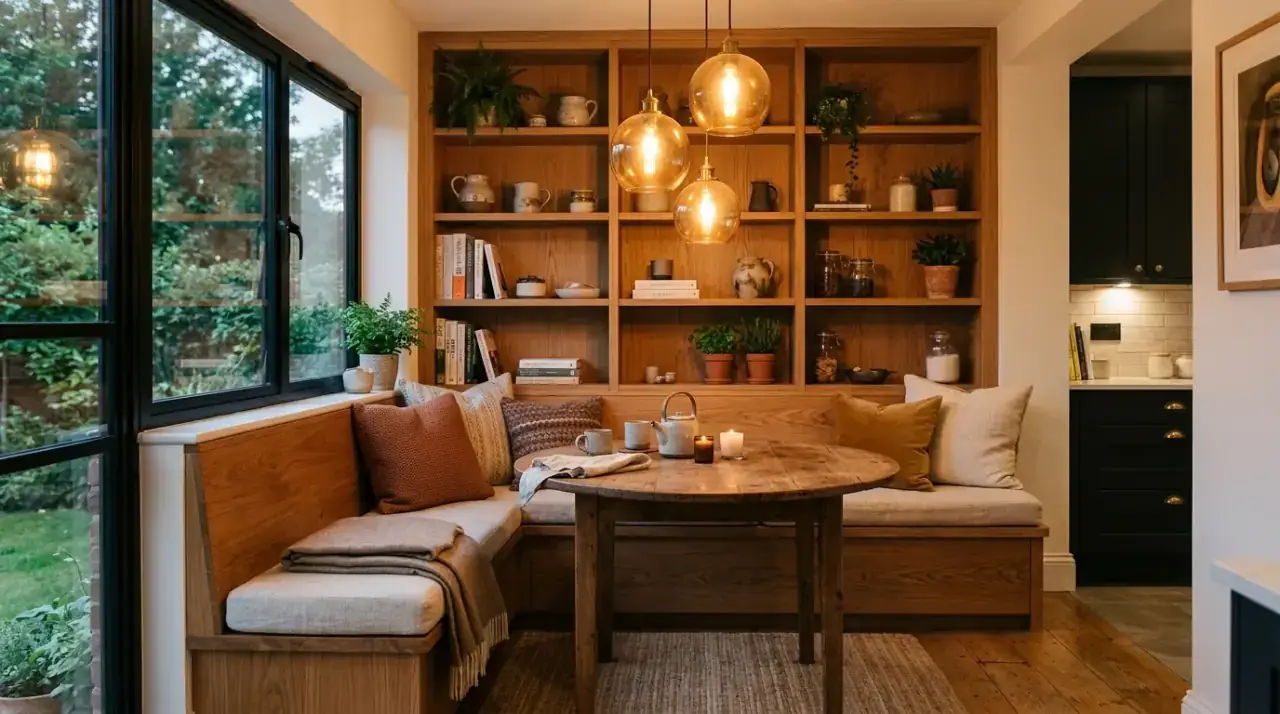 Kitchen nook overview. Beautiful cozy kitchen nook turning a corner into an inviting destination.