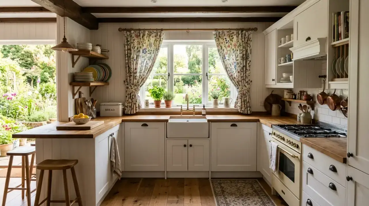Charming cottage style kitchen with cozy country home warmth and layered traditional detail.