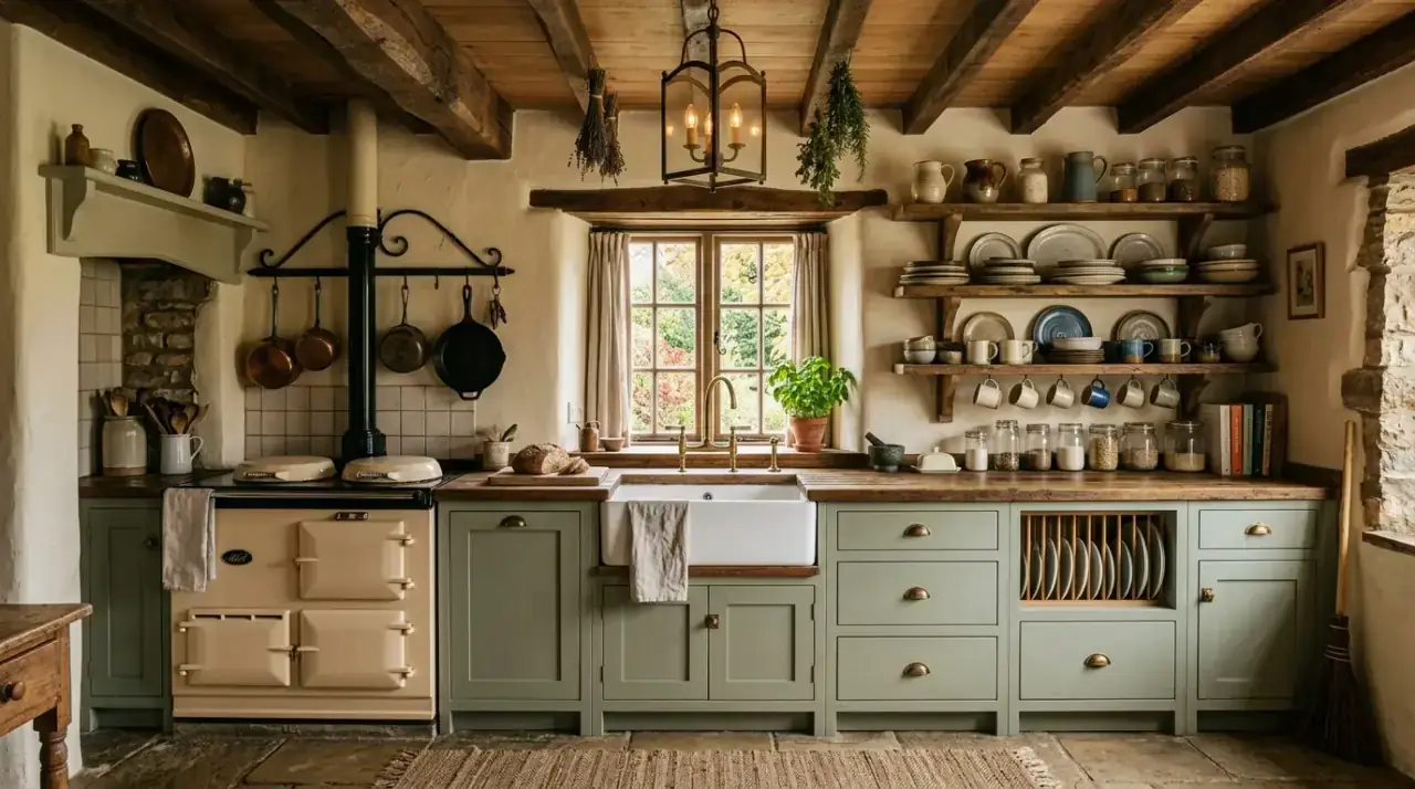 Open shelves cottage kitchen. Charming cottage style kitchen with open shelves and country display.