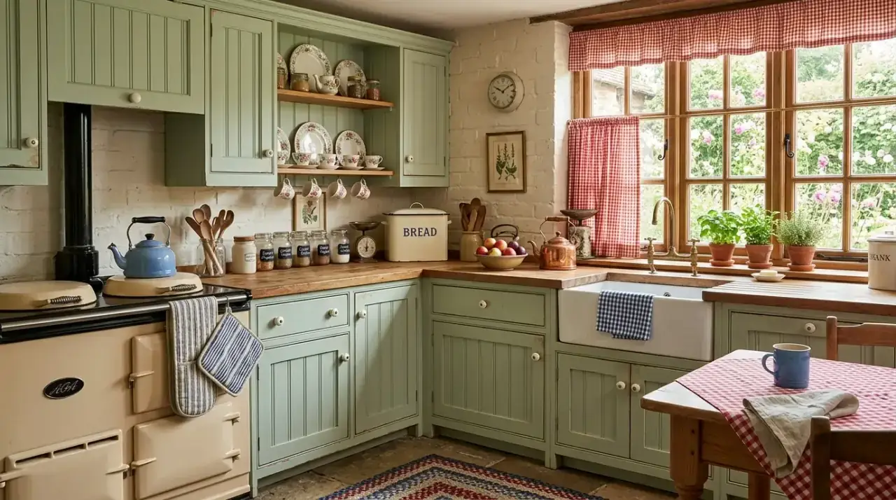 Beadboard cottage kitchen. Cozy country kitchen with beadboard and cottage wall texture.