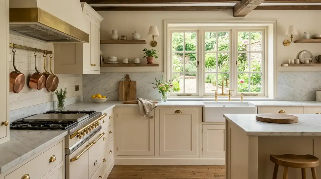 Farmhouse sink cottage kitchen. Charming cottage style kitchen centered around a farmhouse sink.