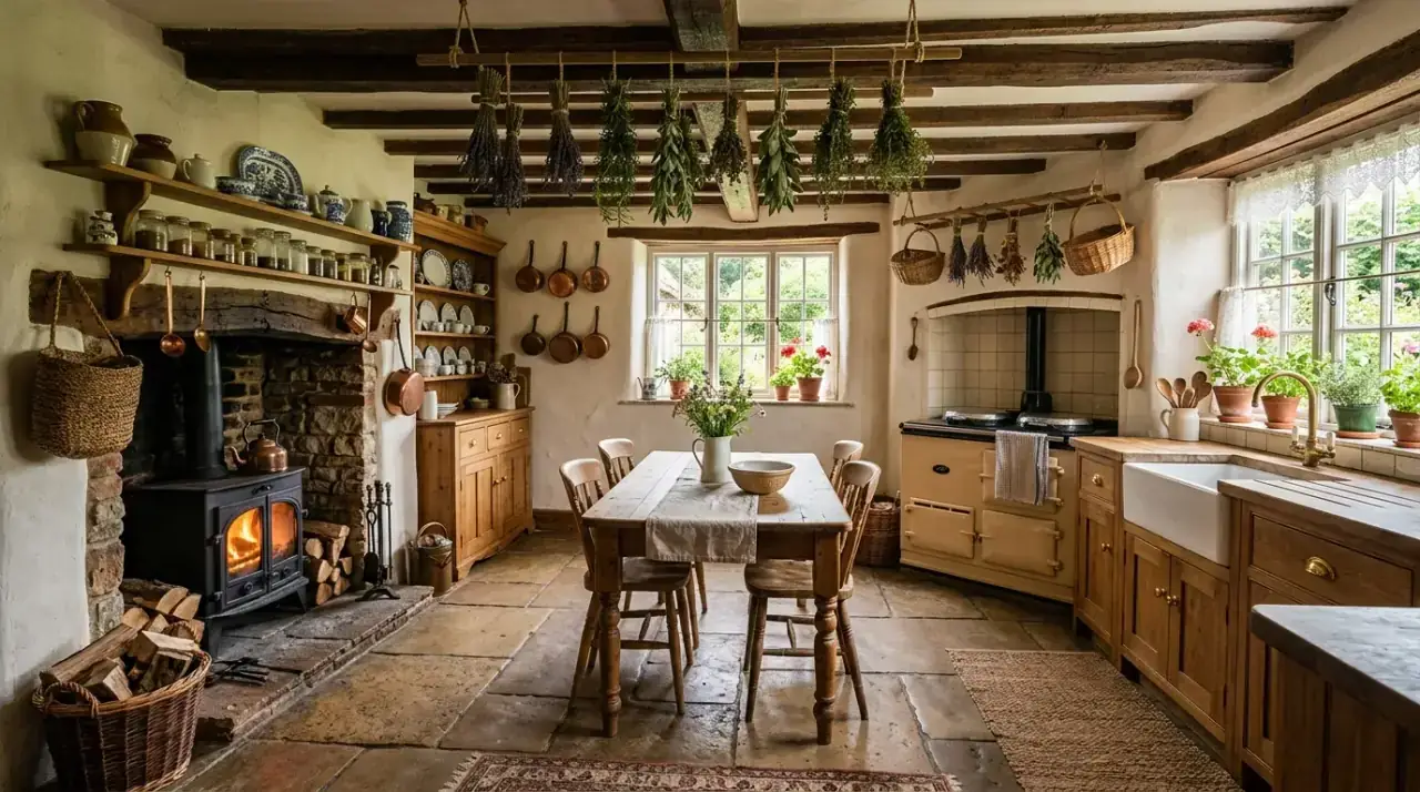 Wood in cottage kitchen. Cozy country kitchen warmed by natural wood details and furniture.