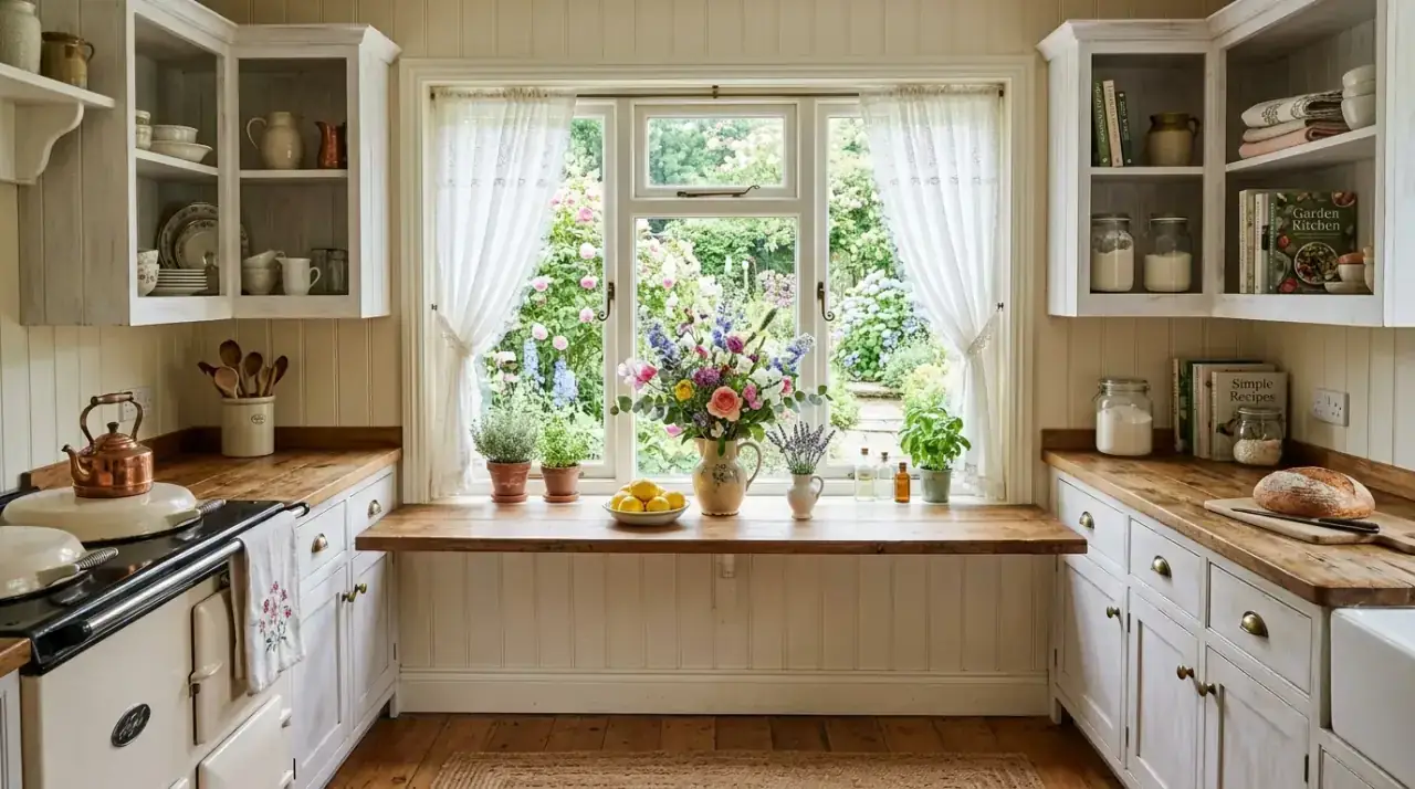 Floral textiles cottage kitchen. Charming cottage kitchen with soft patterned country textiles.