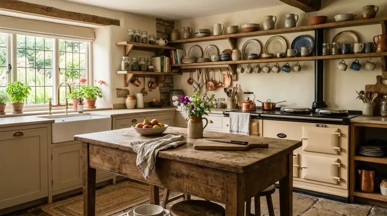 Vintage cottage kitchen decor. Cozy country kitchen styled with vintage and timeworn accessories.