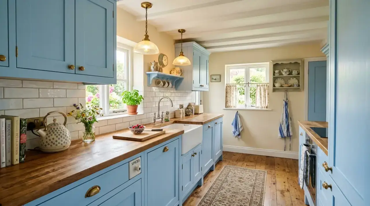 Soft lighting cottage kitchen. Charming cottage style kitchen lit with warm gentle country lighting.