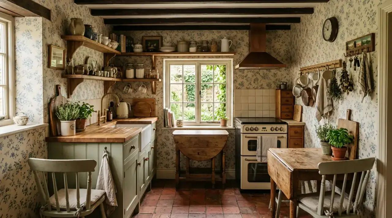 Cottage kitchen table nook. Cozy country kitchen with a charming table or breakfast nook.