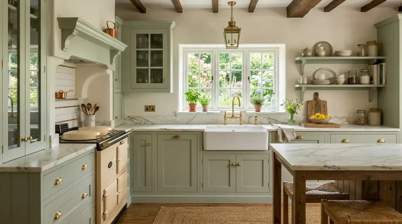 Cottage style backsplash tile. Charming country kitchen with simple handmade style tile.
