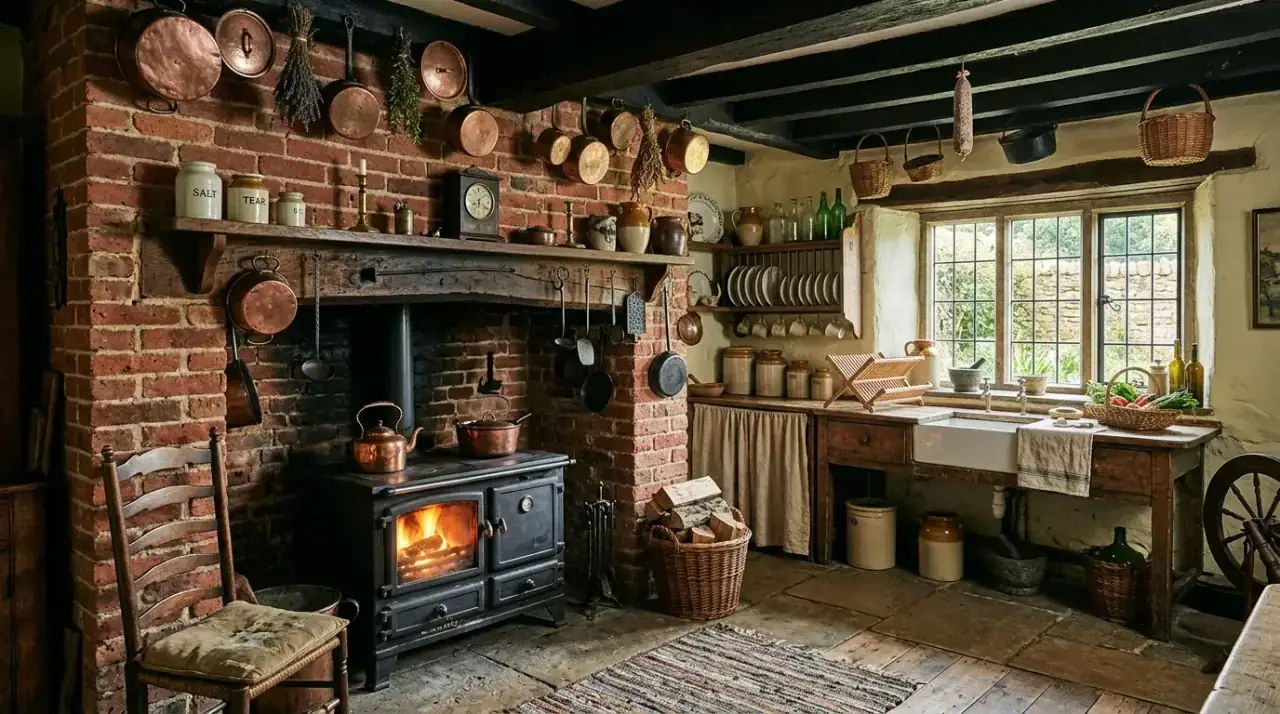 Useful decor in cottage kitchen. Charming kitchen decor using everyday country items as display.