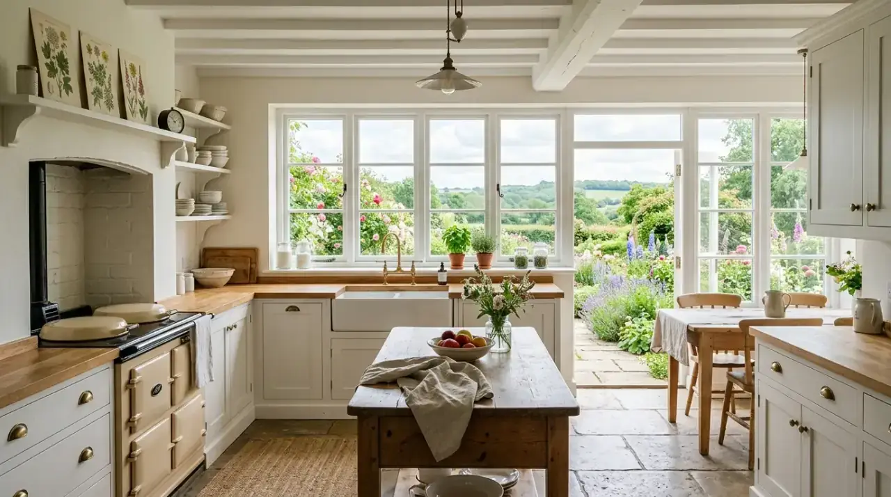 Cottage kitchen window treatments. Cozy country kitchen with light friendly window treatments.