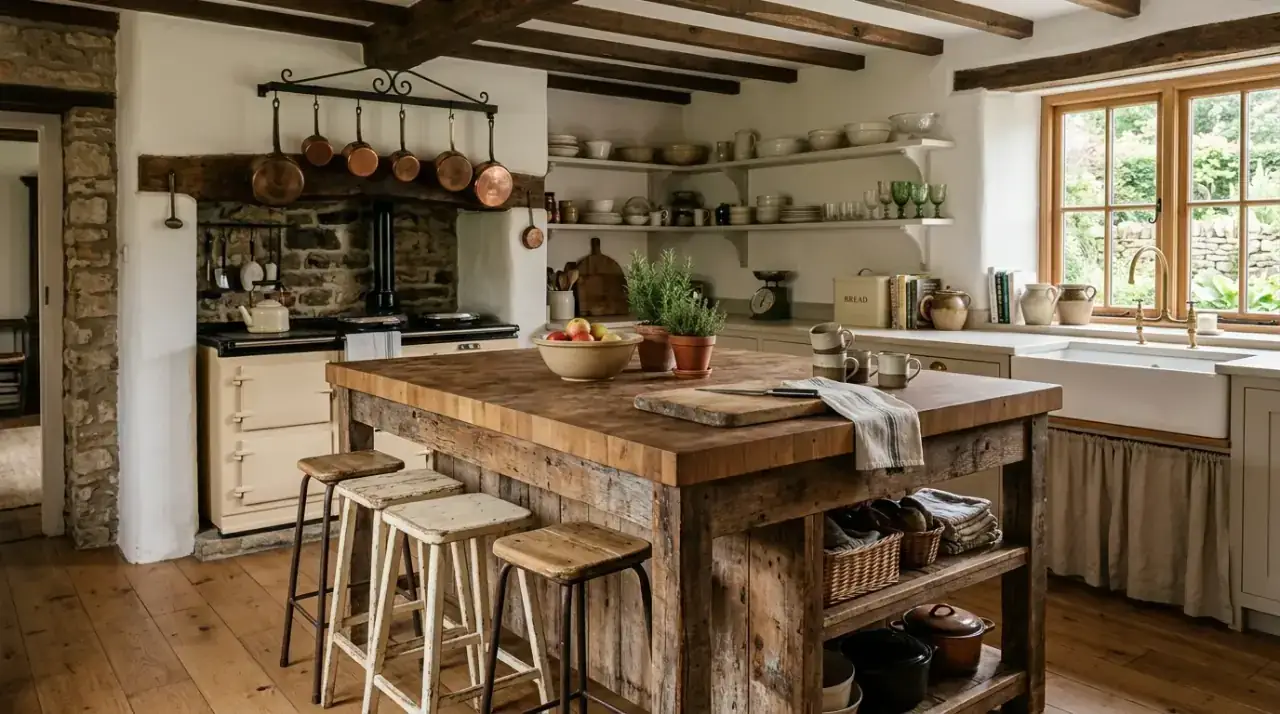 Charming farmhouse kitchen island creating a rustic heart of home with warmth and function.