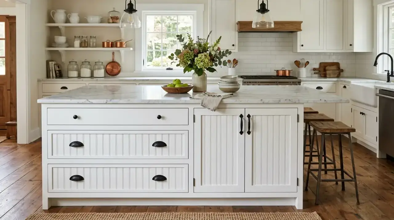 Painted farmhouse island. Charming farmhouse kitchen island painted in a contrasting color.