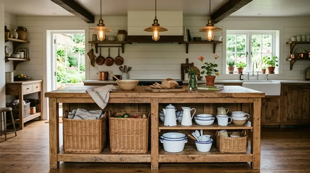 Open shelf farmhouse island. Rustic farmhouse island with open shelving for baskets and storage.