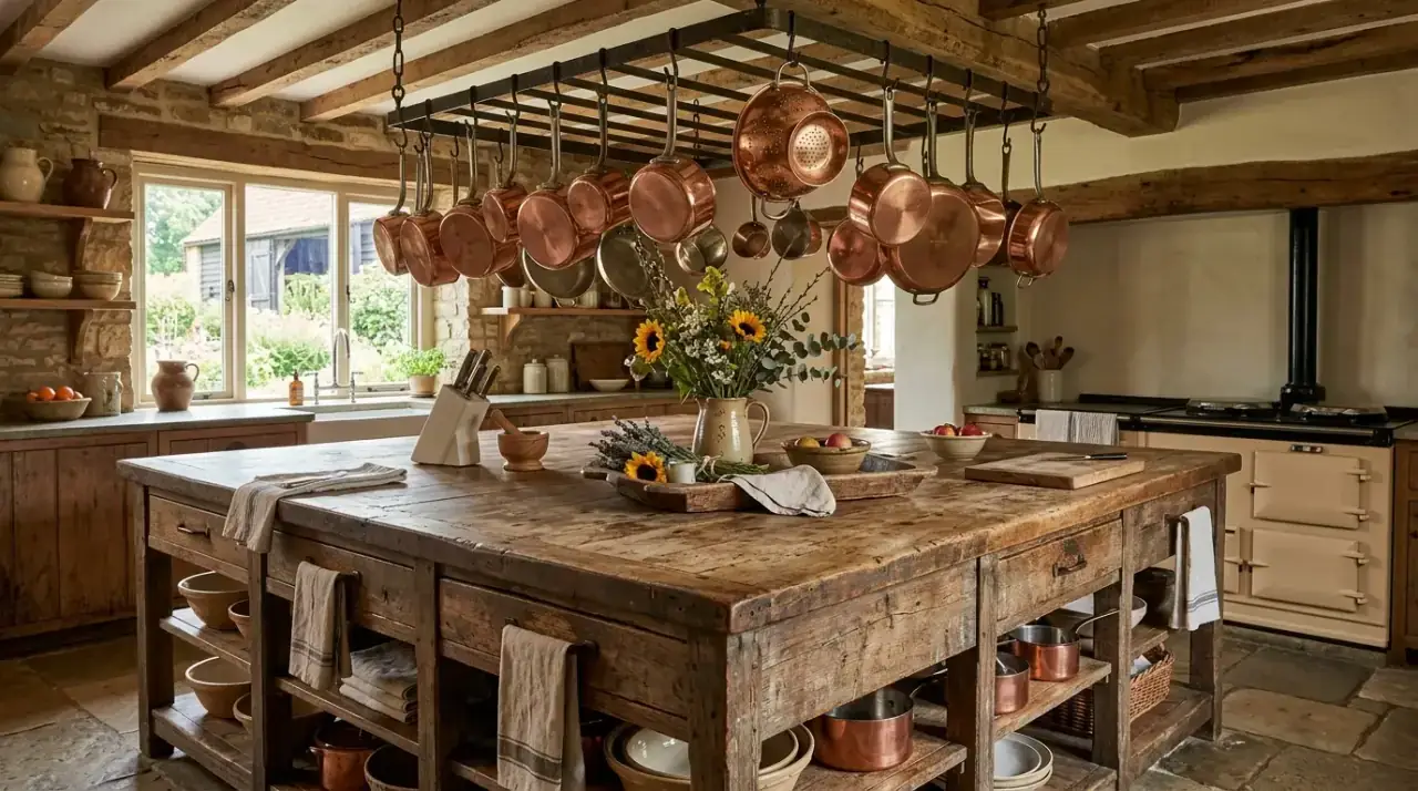 Furniture style farmhouse island. Charming rustic kitchen island with furniture style details and legs.