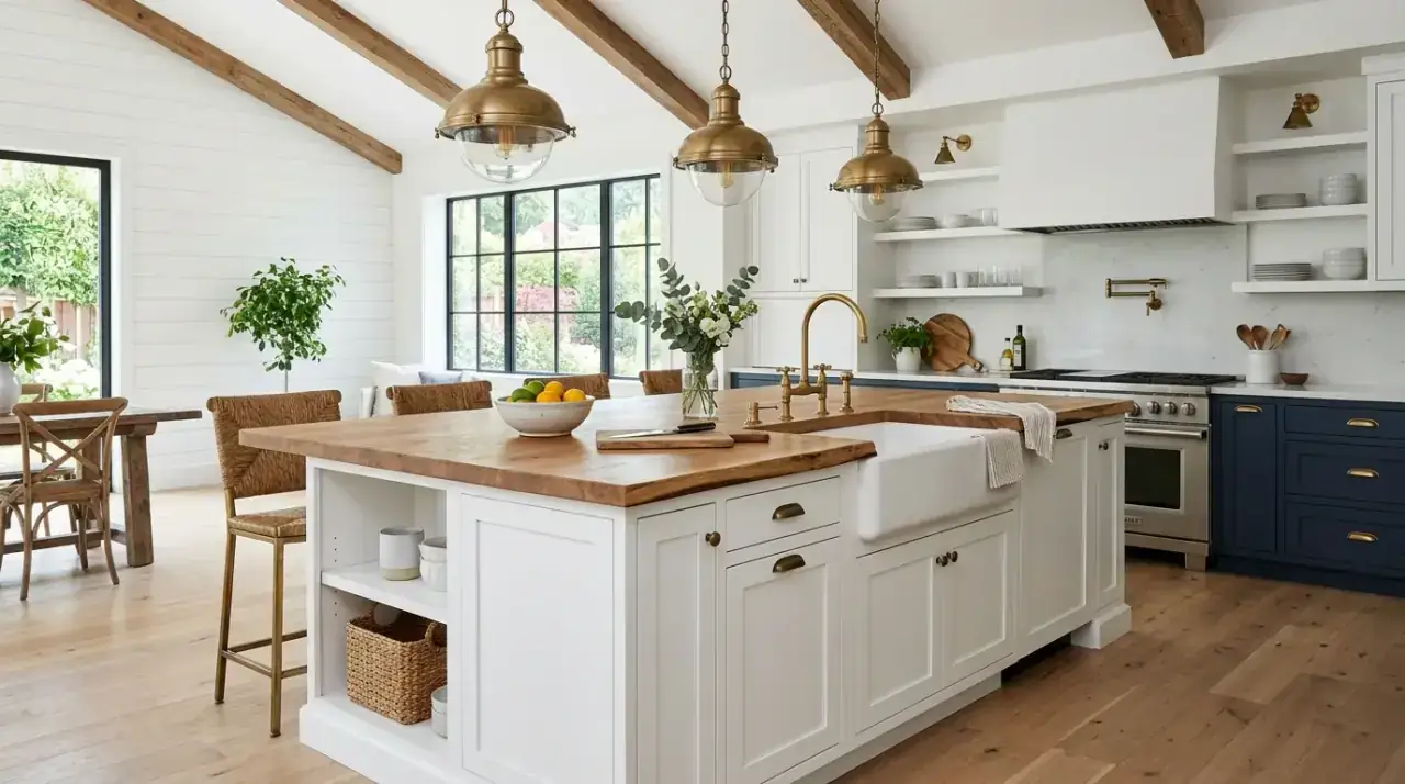 Farmhouse island seating. Rustic farmhouse kitchen island with welcoming seating for gathering.