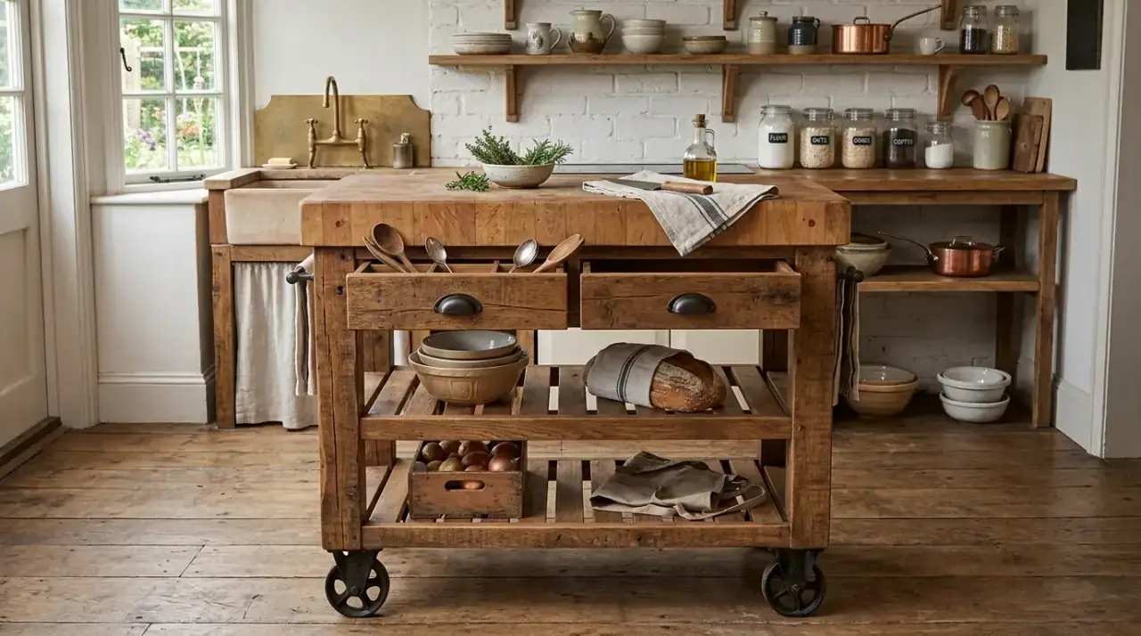 Butcher block farmhouse island. Farmhouse kitchen island with a warm butcher block work surface.