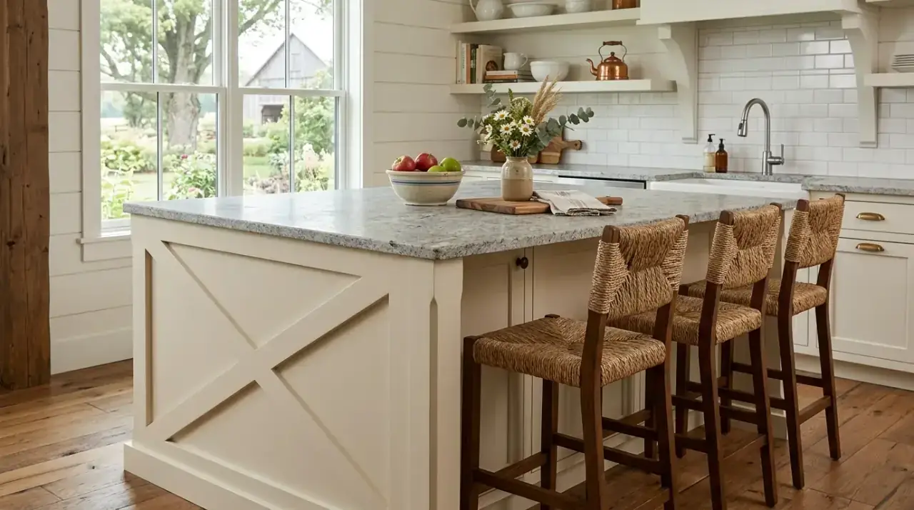 Hooks on farmhouse island. Charming farmhouse island with hooks or rails for useful storage.