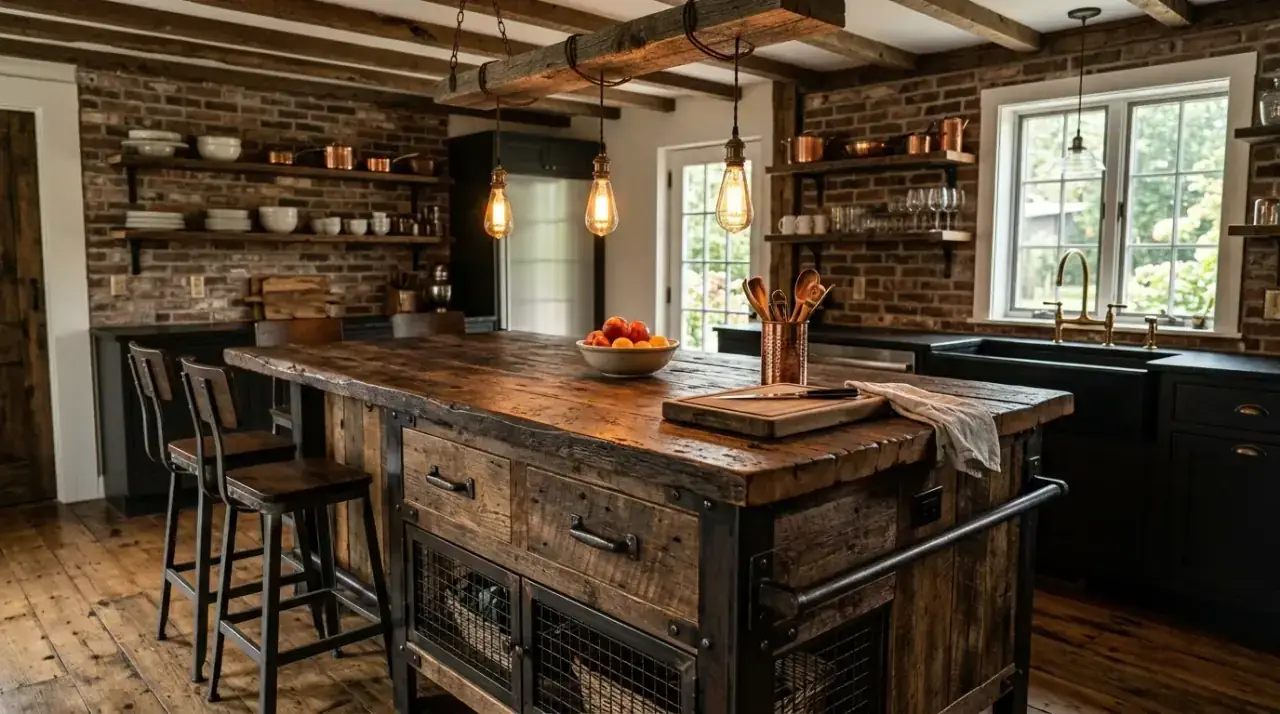 Distressed farmhouse island finish. Rustic farmhouse kitchen island with a softly aged painted finish.