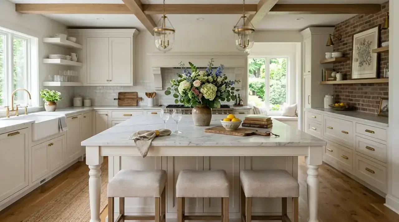 Baskets on farmhouse island. Charming farmhouse island styled with baskets and crocks for utility.