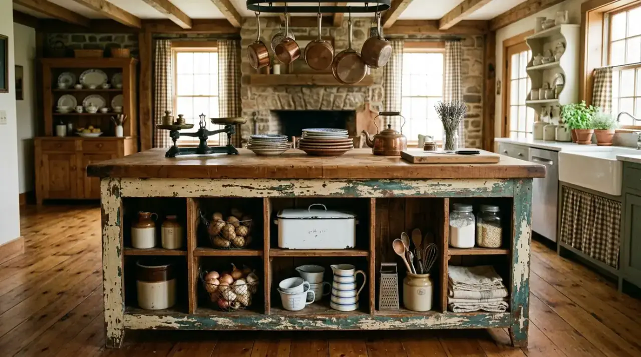 Farmhouse island lighting. Rustic farmhouse island highlighted by warm traditional lighting.