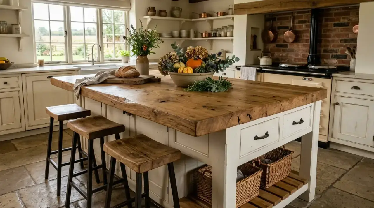 Mixed finish farmhouse island. Charming rustic kitchen island mixing paint with a natural top.