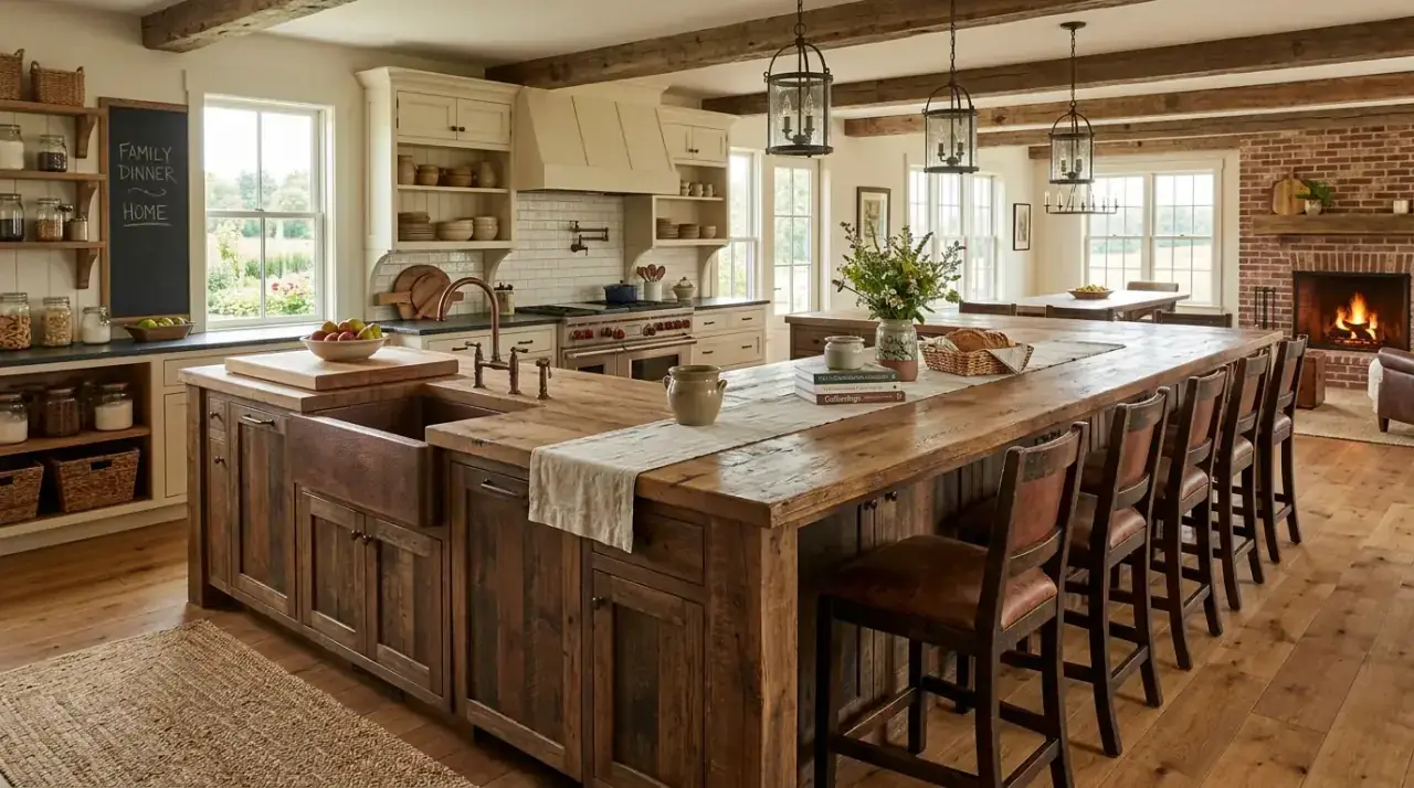 Large farmhouse island presence. Rustic farmhouse island with generous proportions for gathering.