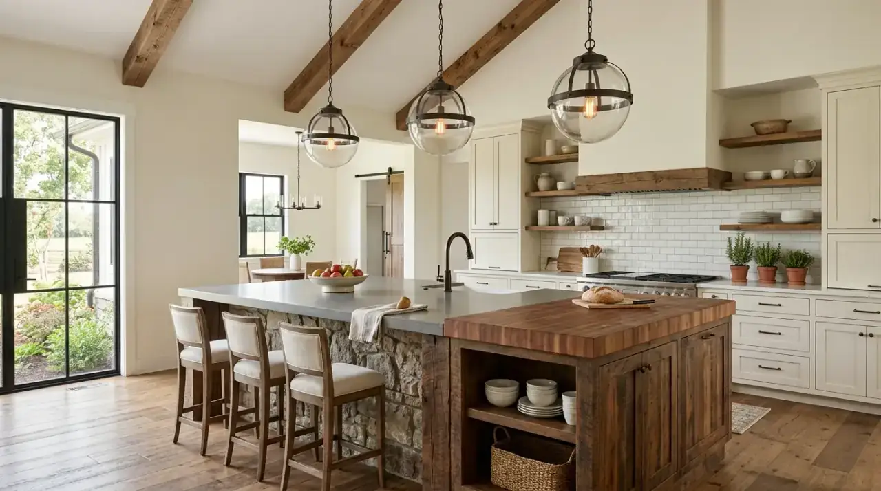 Styled farmhouse island. Charming farmhouse kitchen island with simple useful decorative styling.