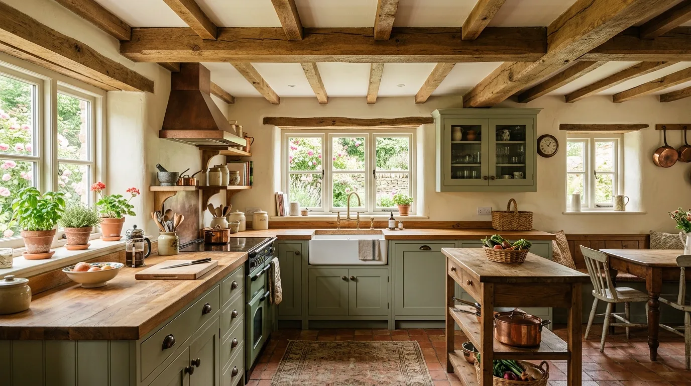 Charming green rustic kitchen designed with farmhouse warmth and natural character.