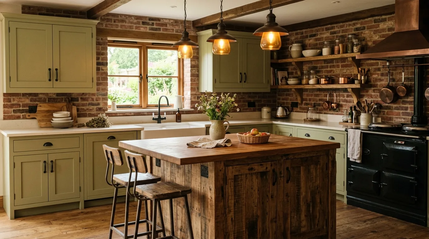 Olive green rustic kitchen. Grounded farmhouse style built around deeper green cabinetry.