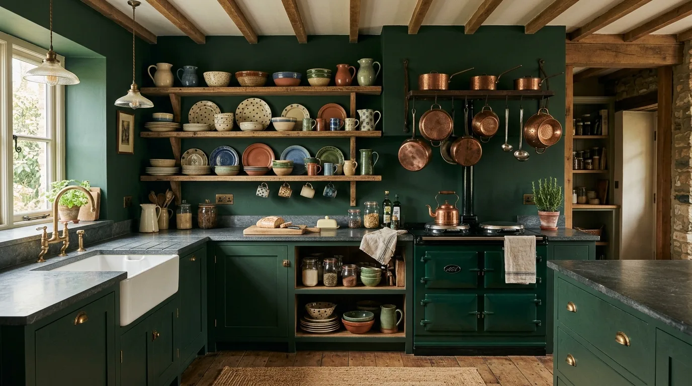 Green Shaker farmhouse kitchen. Classic cabinet styling supporting a rustic green kitchen palette.