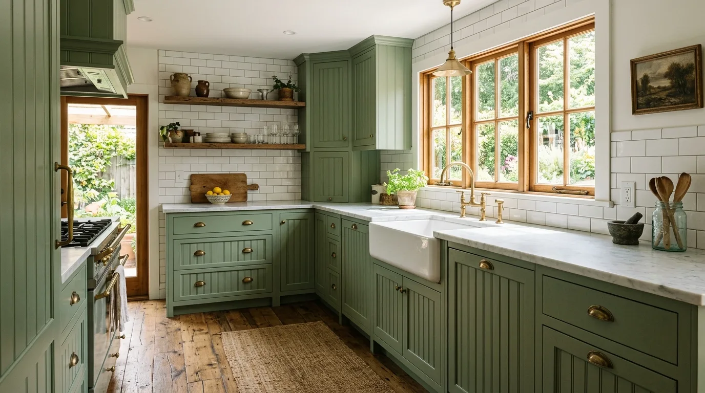 Green farmhouse kitchen with open shelves. Rustic display storage balancing painted cabinetry with airy warmth.