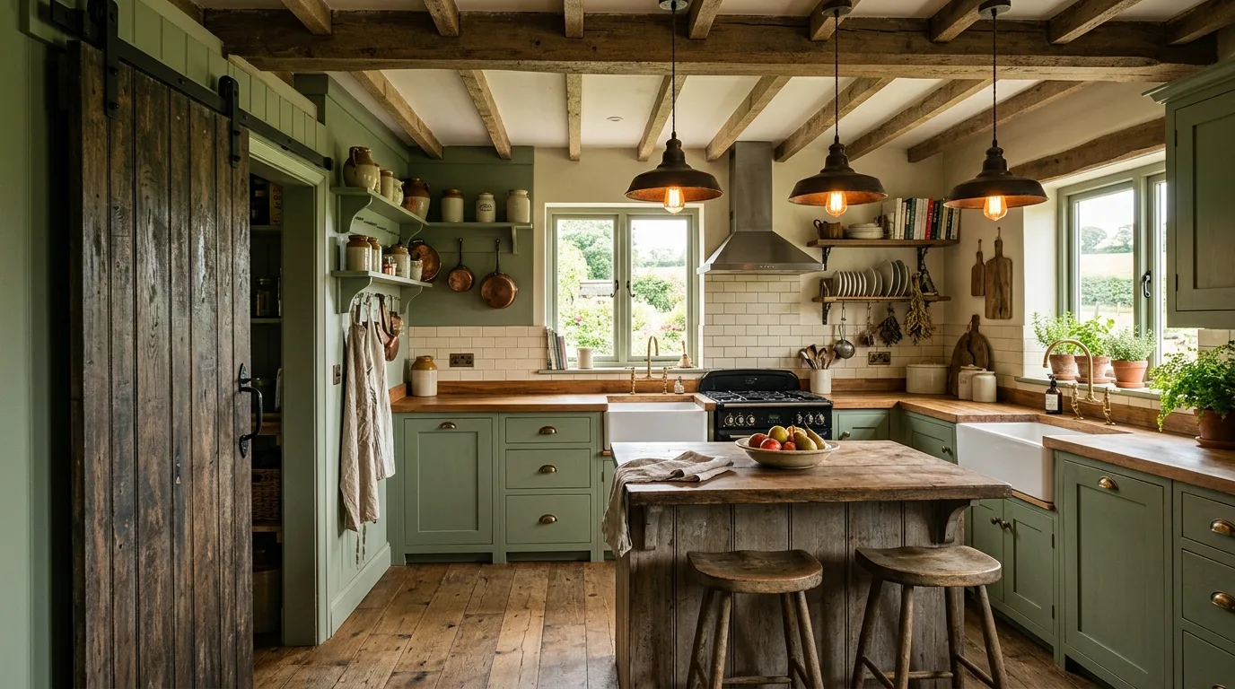 Farmhouse sink with green cabinets. Classic sink styling enhanced by warm rustic green cabinetry.