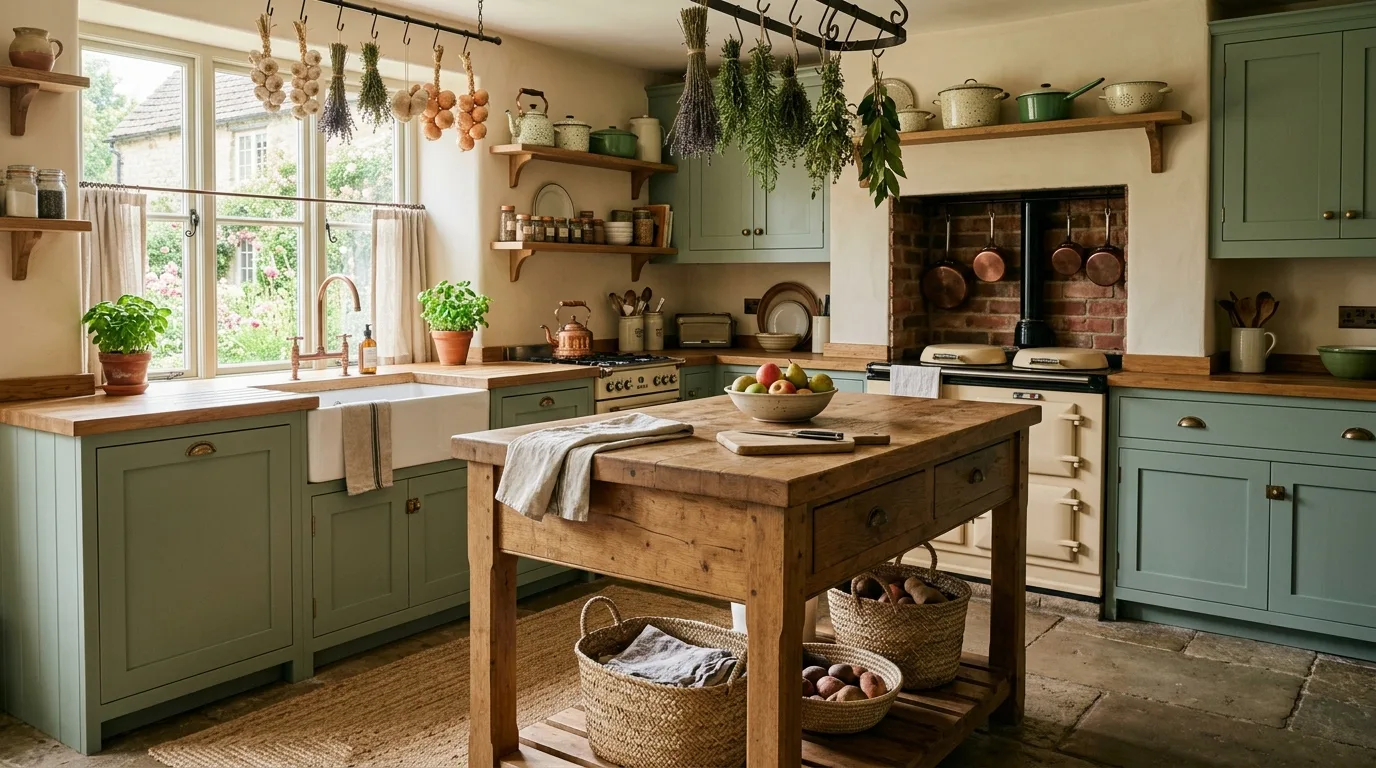 Stone accents in green rustic kitchen. Earthy materials strengthening a farmhouse-inspired green palette.