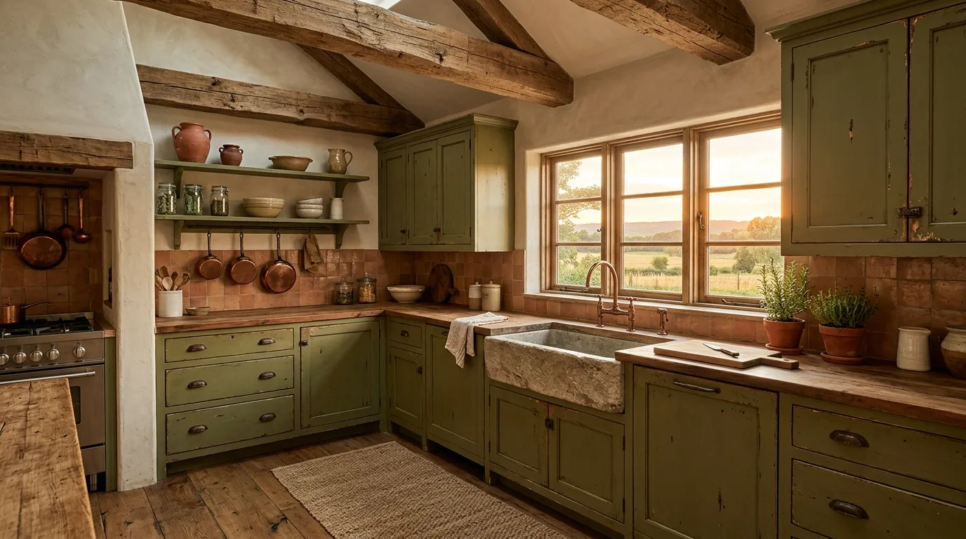 Vintage hardware in green farmhouse kitchen. Aged cabinet details adding more rustic character to the space.