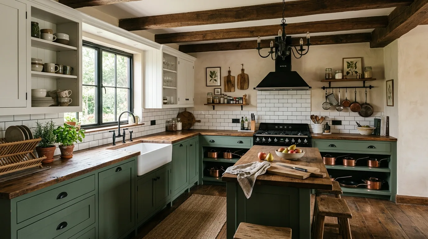 Green and cream rustic kitchen. Soft farmhouse contrast created through warm green and creamy neutrals.