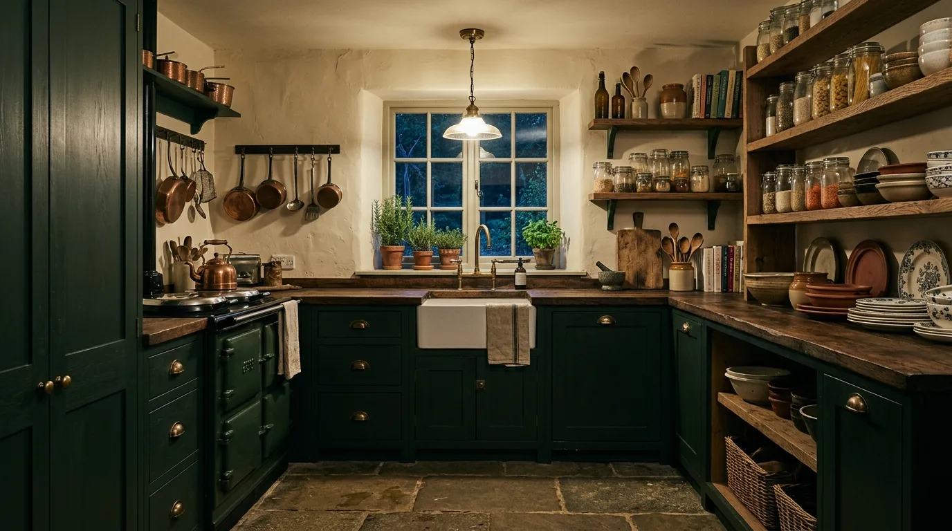 Green rustic kitchen with beams. Farmhouse ceiling detail enhancing the warmth of green cabinetry.