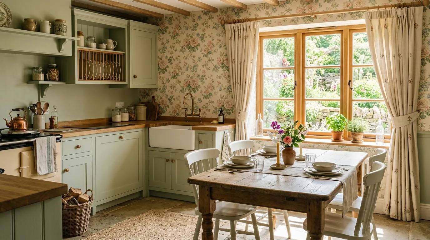 Pottery and wood in green farmhouse kitchen. Rustic styling details reinforcing a warm country kitchen mood.